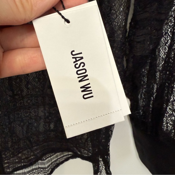 Jason Wu Black Satin Trim Lace Sheer Blouse Top Button Up Front Women's Sz M NWT - Picture 11 of 14
